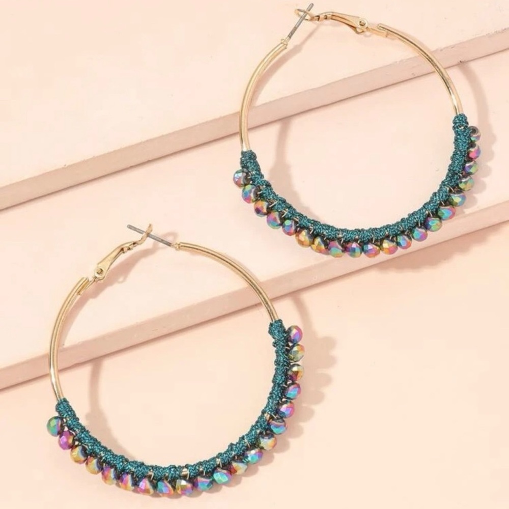 Sparkly Hoop Earrings BRAND NEW Gold Tone Hoops Teal Green Shiny Beads